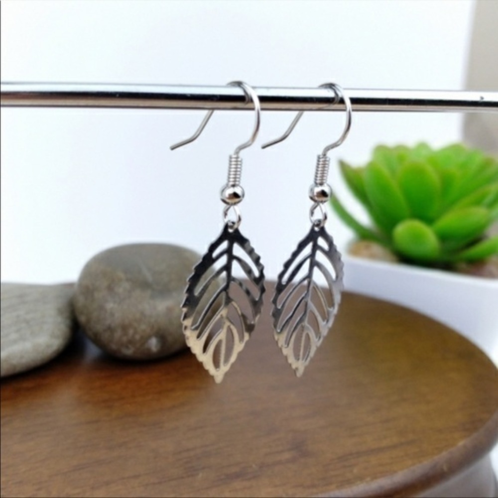 Leaf Charm Silver Tone Earrings